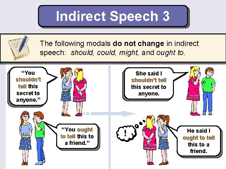 Indirect Speech 3 The following modals do not change in indirect speech: should, could,