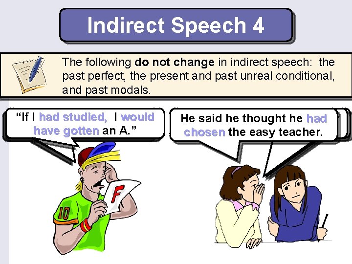 Indirect Speech 4 The following do not change in indirect speech: the past perfect,