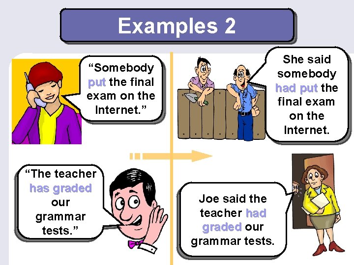 Examples 2 “Somebody put the final exam on the Internet. ” “The teacher has