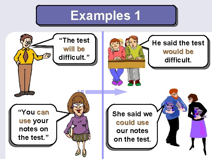 Examples 1 “The test will be difficult. ” “You can use your notes on