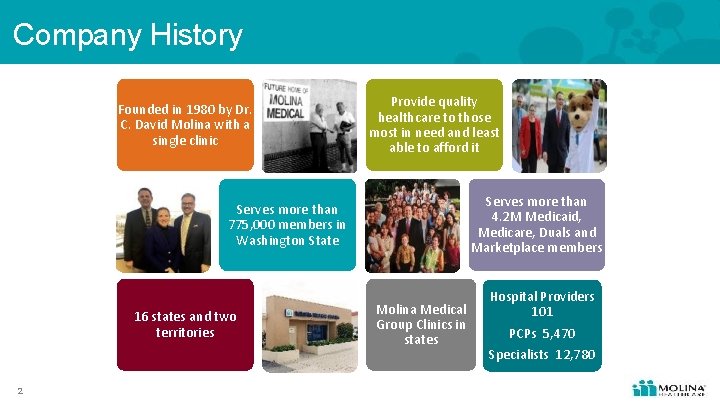 Company History Founded in 1980 by Dr. C. David Molina with a single clinic