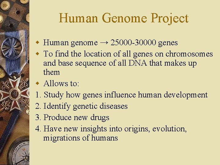 Human Genome Project w Human genome → 25000 -30000 genes w To find the