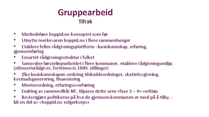 Gruppearbeid Tiltak • • • Markedsføre hoppid. no konseptet som før Utnytte merkevaren hoppid.