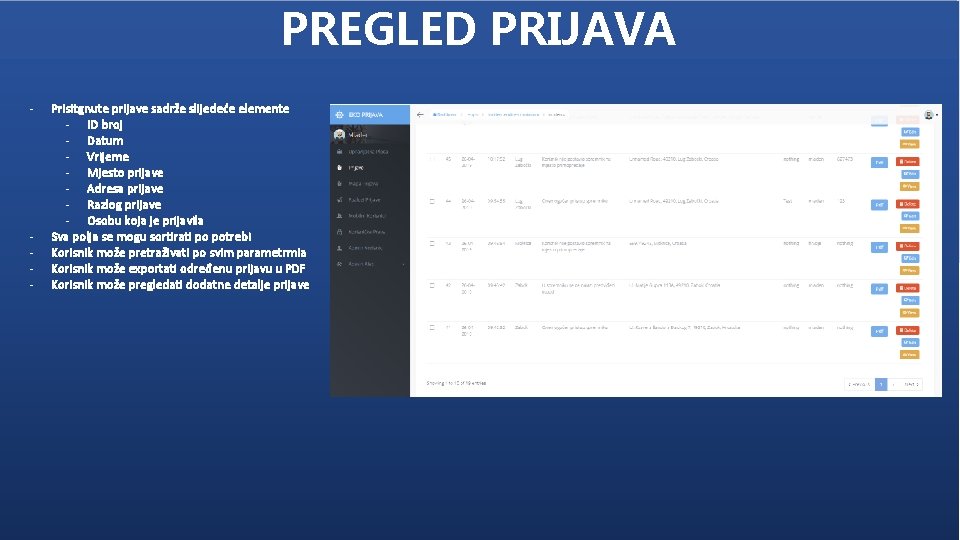 PREGLED PRIJAVA - - Prisitgnute prijave sadrže slijedeće elemente - ID broj - Datum