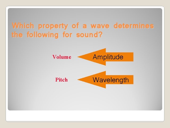 Which property of a wave determines the following for sound? Volume Pitch Amplitude Wavelength