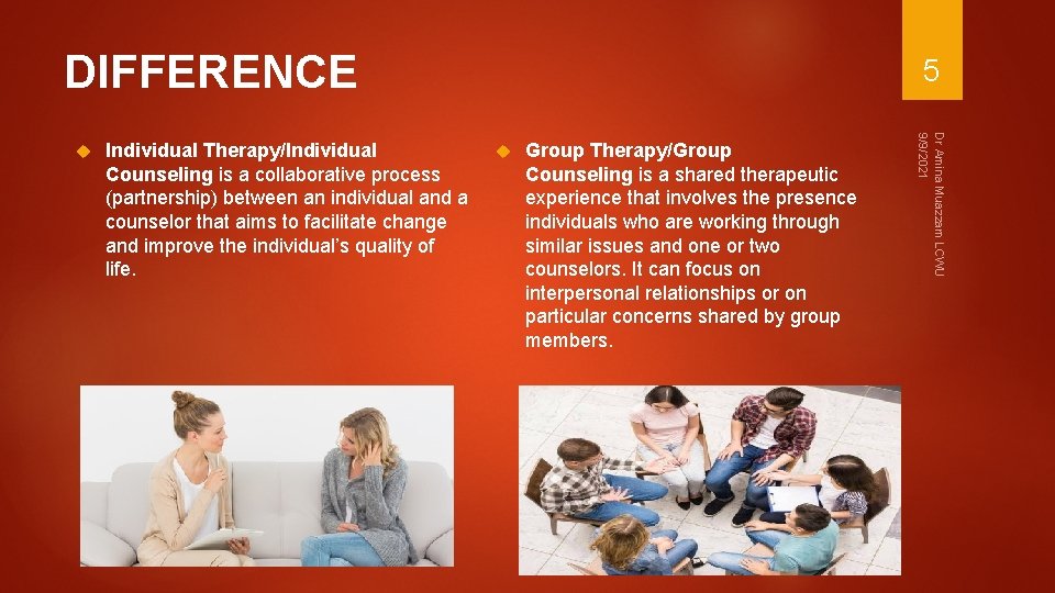 DIFFERENCE Individual Therapy/Individual Counseling is a collaborative process (partnership) between an individual and a DIFFERENCE Individual Therapy/Individual Counseling is a collaborative process (partnership) between an individual and a