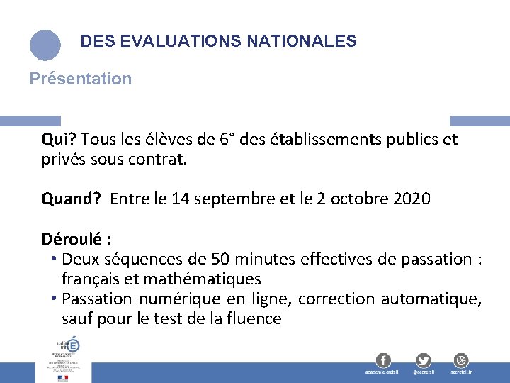 DES EVALUATIONS NATIONALES Présentation Qui? Tous les élèves de 6° des établissements publics et