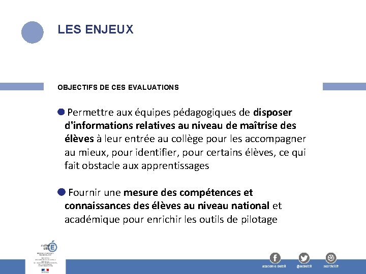 LES ENJEUX OBJECTIFS DE CES EVALUATIONS Permettre aux équipes pédagogiques de disposer d'informations relatives