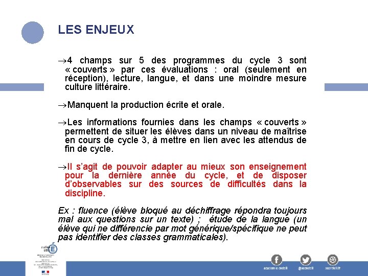 LES ENJEUX 4 champs sur 5 des programmes du cycle 3 sont « couverts