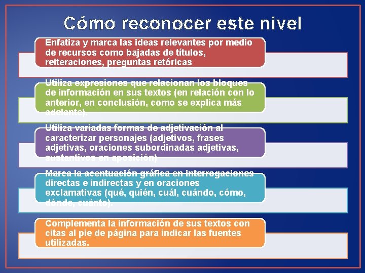 Cómo reconocer este nivel Enfatiza y marca las ideas relevantes por medio de recursos