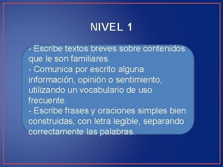 NIVEL 1 - Escribe textos breves sobre contenidos que le son familiares. - Comunica