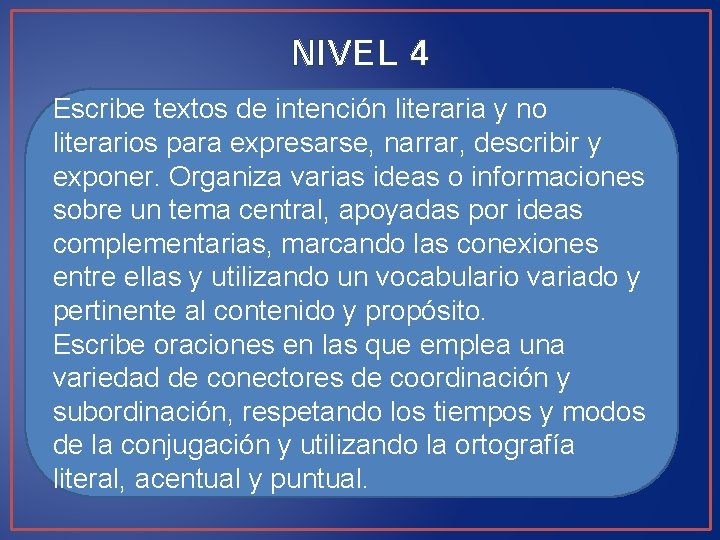NIVEL 4 Escribe textos de intención literaria y no literarios para expresarse, narrar, describir