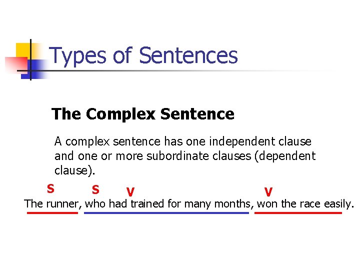 Types of Sentences The Complex Sentence A complex sentence has one independent clause and