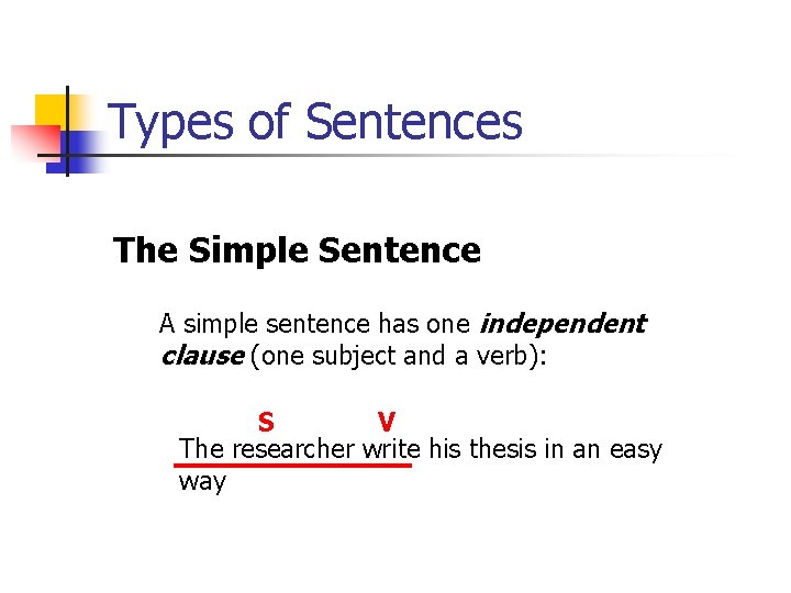 Types of Sentences The Simple Sentence A simple sentence has one independent clause (one