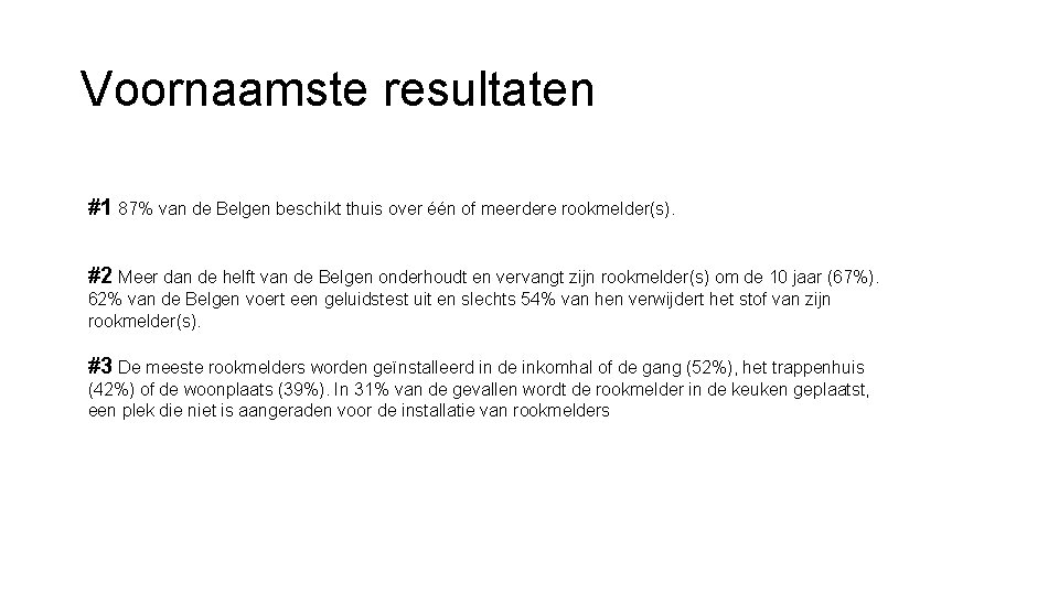 Voornaamste resultaten #1 87% van de Belgen beschikt thuis over één of meerdere rookmelder(s).