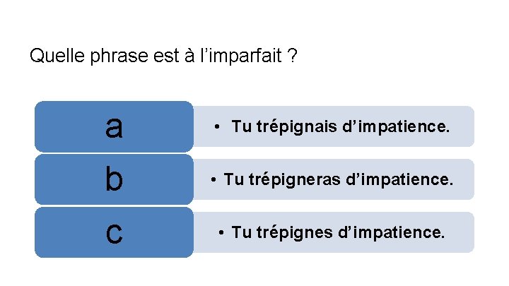 Quelle phrase est à l’imparfait ? a • Tu trépignais d’impatience. b • Tu