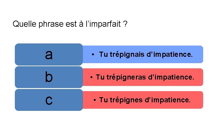 Quelle phrase est à l’imparfait ? a • Tu trépignais d’impatience. b • Tu