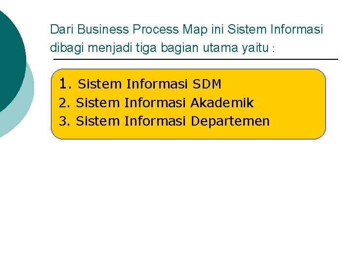 Dari Business Process Map ini Sistem Informasi dibagi menjadi tiga bagian utama yaitu :