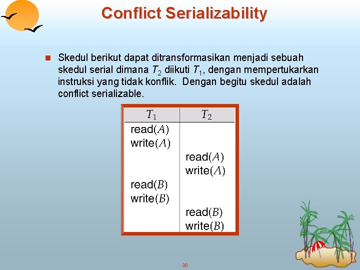 Conflict Serializability n Skedul berikut dapat ditransformasikan menjadi sebuah skedul serial dimana T 2