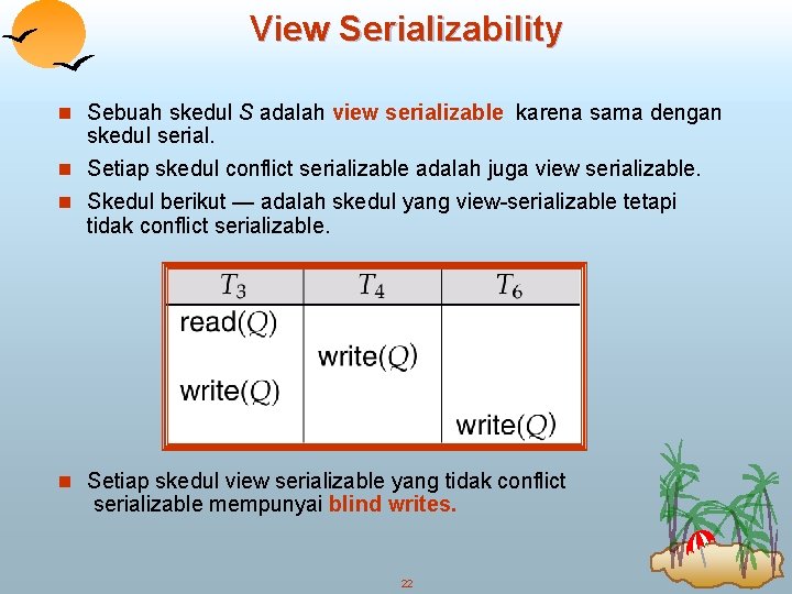 View Serializability n Sebuah skedul S adalah view serializable karena sama dengan skedul serial.