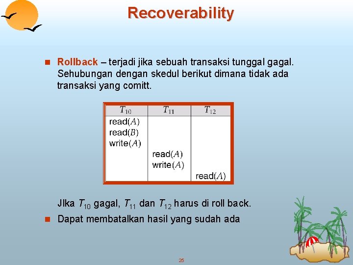 Recoverability n Rollback – terjadi jika sebuah transaksi tunggal gagal. Sehubungan dengan skedul berikut