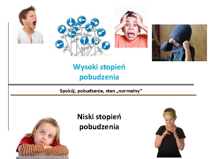 Wysoki stopień pobudzenia Spokój, pobudzenie, stan „normalny” Niski stopień pobudzenia 