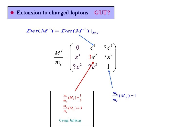 Extension to charged leptons – GUT? Georgi Jarlskog 