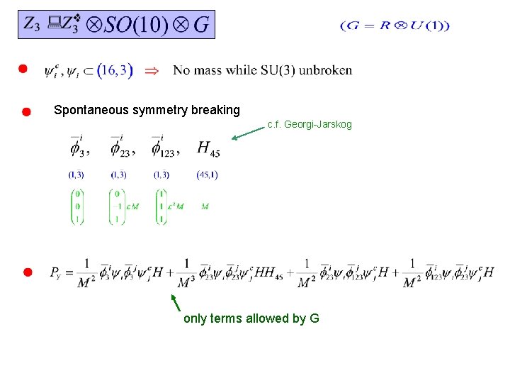 Spontaneous symmetry breaking c. f. Georgi-Jarskog only terms allowed by G 