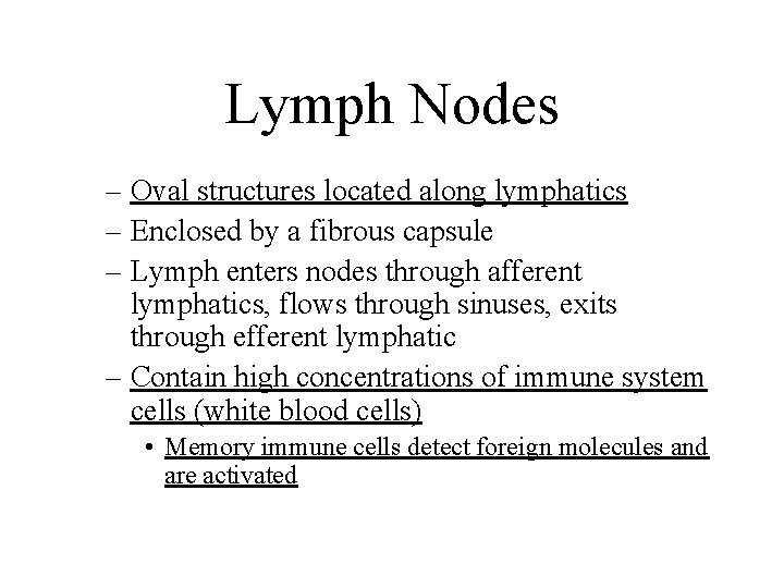 Lymph Nodes – Oval structures located along lymphatics – Enclosed by a fibrous capsule