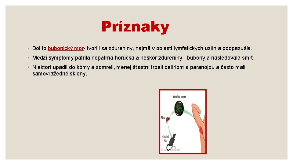 Príznaky ◦ Bol to bubonický mor- tvorili sa zdureniny, najmä v oblasti lymfatických uzlín
