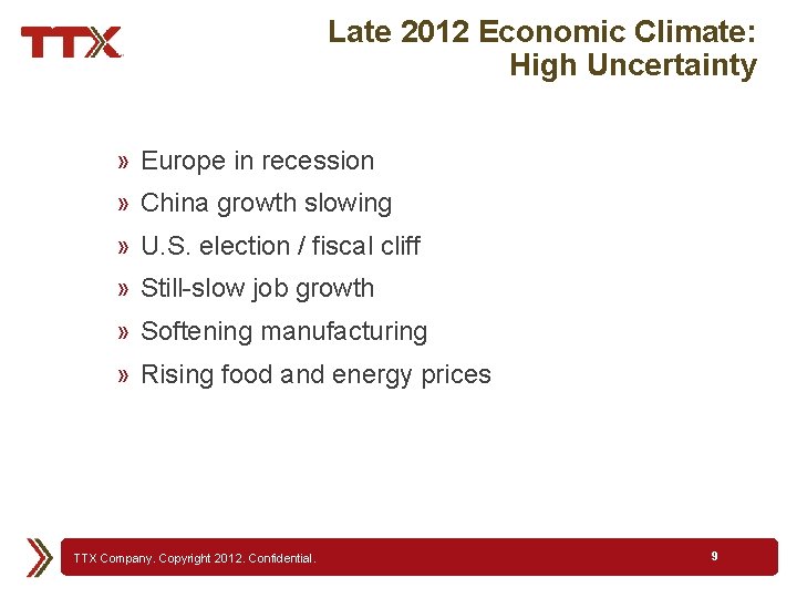 Late 2012 Economic Climate: High Uncertainty » Europe in recession » China growth slowing
