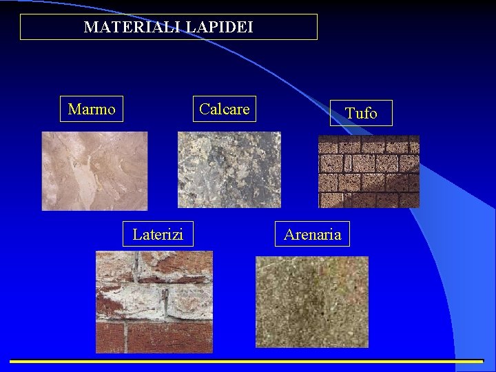 MATERIALI LAPIDEI Marmo Calcare Laterizi Tufo Arenaria 