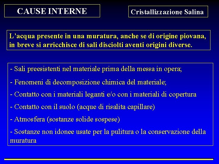 CAUSE INTERNE Cristallizzazione Salina L’acqua presente in una muratura, anche se di origine piovana,