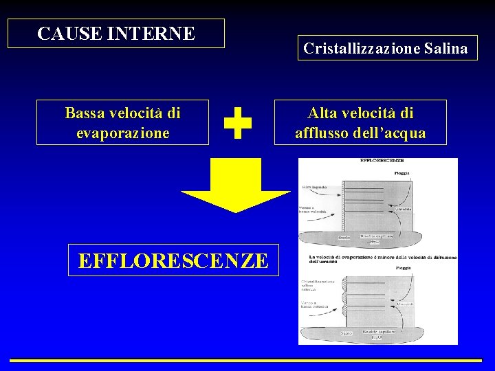 CAUSE INTERNE Bassa velocità di evaporazione EFFLORESCENZE Cristallizzazione Salina Alta velocità di afflusso dell’acqua