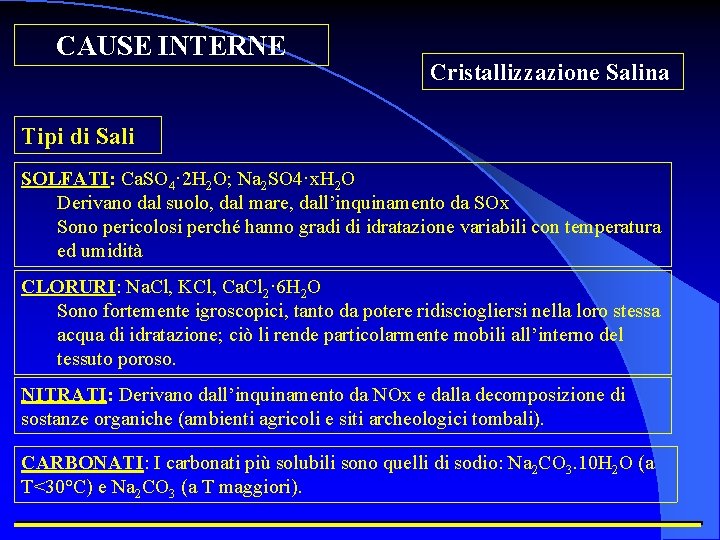 CAUSE INTERNE Cristallizzazione Salina Tipi di Sali SOLFATI: Ca. SO 4· 2 H 2