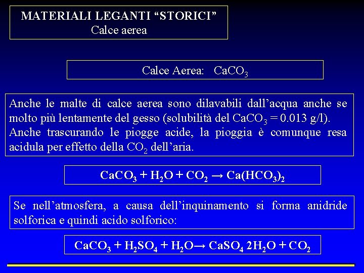 MATERIALI LEGANTI “STORICI” Calce aerea Calce Aerea: Ca. CO 3 Anche le malte di