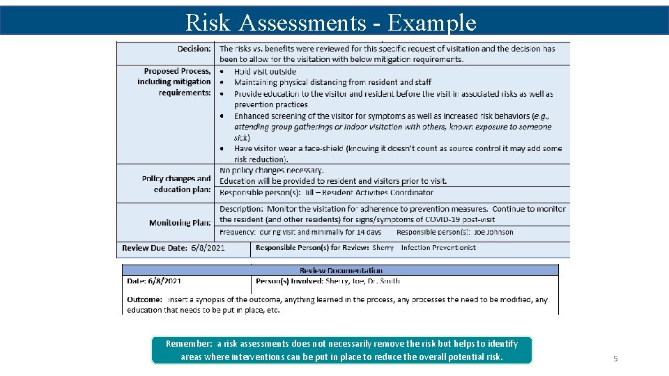 Risk Assessments - Example Remember: a risk assessments does not necessarily remove the risk