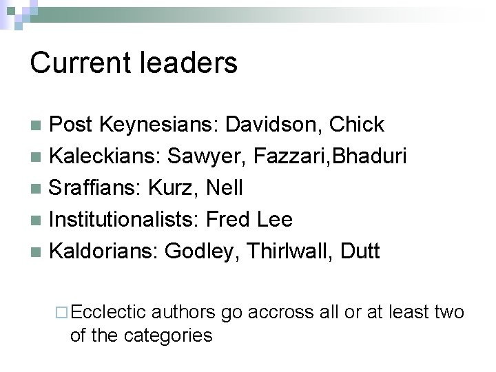 Current leaders Post Keynesians: Davidson, Chick n Kaleckians: Sawyer, Fazzari, Bhaduri n Sraffians: Kurz,