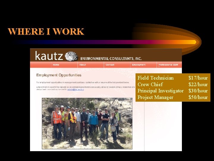 WHERE I WORK Field Technician Crew Chief Principal Investigator Project Manager $17/hour $22/hour $30/hour