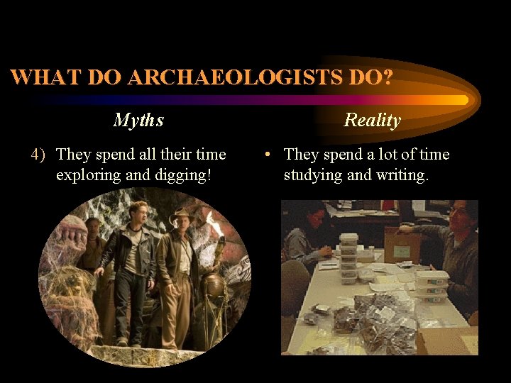 WHAT DO ARCHAEOLOGISTS DO? Myths 4) They spend all their time exploring and digging!