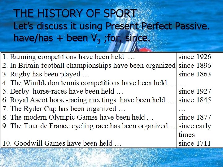 THE HISTORY OF SPORT Let’s discuss it using Present Perfect Passive. have/has + been