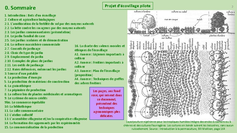 0. Sommaire Projet d’écovillage pilote 2 1. Introduction : Buts d'un écovillage 2. Culture