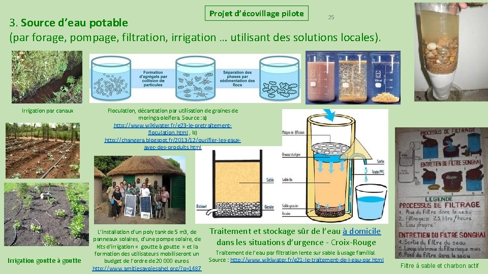 Projet d’écovillage pilote 25 3. Source d’eau potable (par forage, pompage, filtration, irrigation …