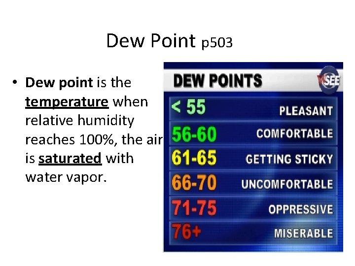 Dew Point p 503 • Dew point is the temperature when relative humidity reaches Dew Point p 503 • Dew point is the temperature when relative humidity reaches