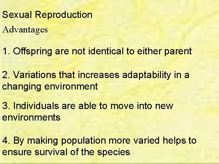 Sexual Reproduction Advantages 1. Offspring are not identical to either parent 2. Variations that