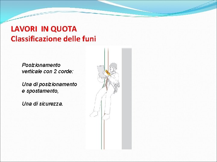 LAVORI IN QUOTA Classificazione delle funi Posizionamento verticale con 2 corde: Una di posizionamento