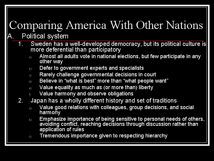 Comparing America With Other Nations A. Political system 1. Sweden has a well-developed democracy,