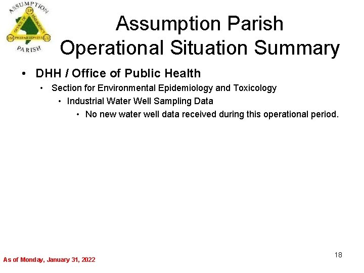 Assumption Parish Operational Situation Summary • DHH / Office of Public Health • Section