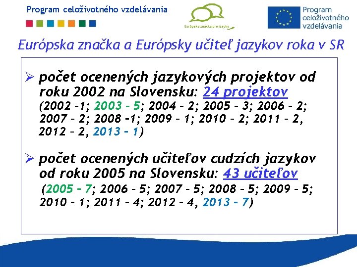 Program celoživotného vzdelávania Európska značka a Európsky učiteľ jazykov roka v SR Ø počet Program celoživotného vzdelávania Európska značka a Európsky učiteľ jazykov roka v SR Ø počet