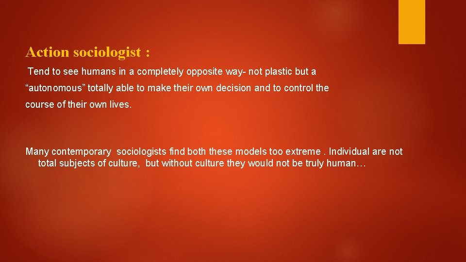 Action sociologist : Tend to see humans in a completely opposite way- not plastic